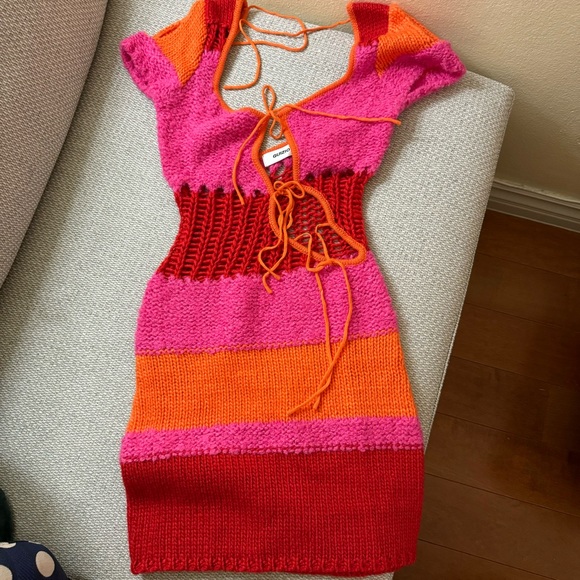 Danielle Guizio Red, Orange and Pink Knit Crochet Mini Dress - Picture 6 of 7
